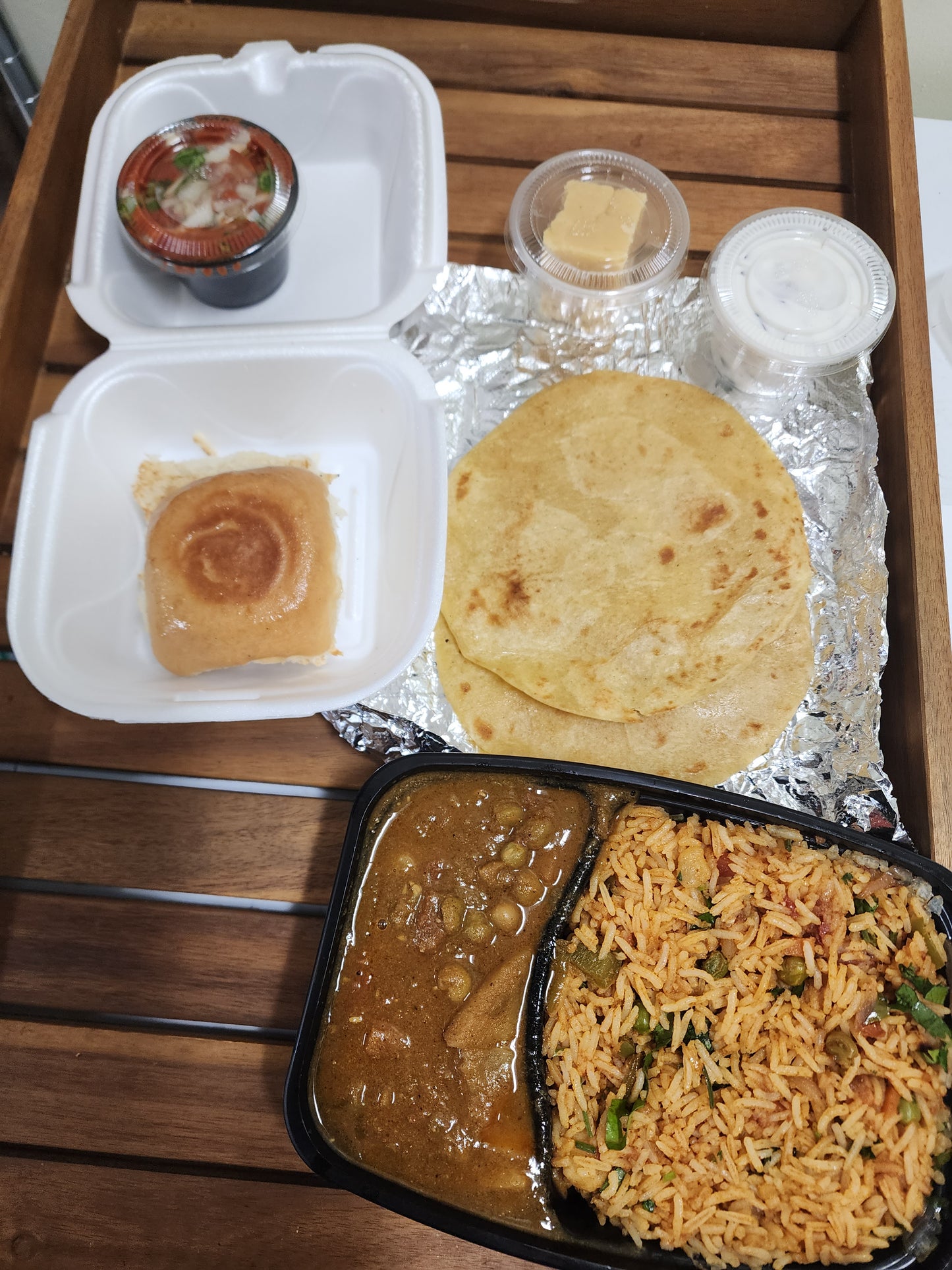 Mini Meals (Mumbai style Tawa Pulao, Chappathi, Veg Kuruma, Pav Bhajji, Raita, Pappad, Mysore pak)