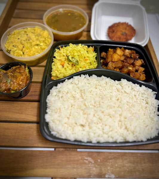 Veg Meals (Ponni Rice, Sambar, Cabbage Poriyal, Potato Fry, Rasam, Pappadam, Vathal, Parippu Vada)