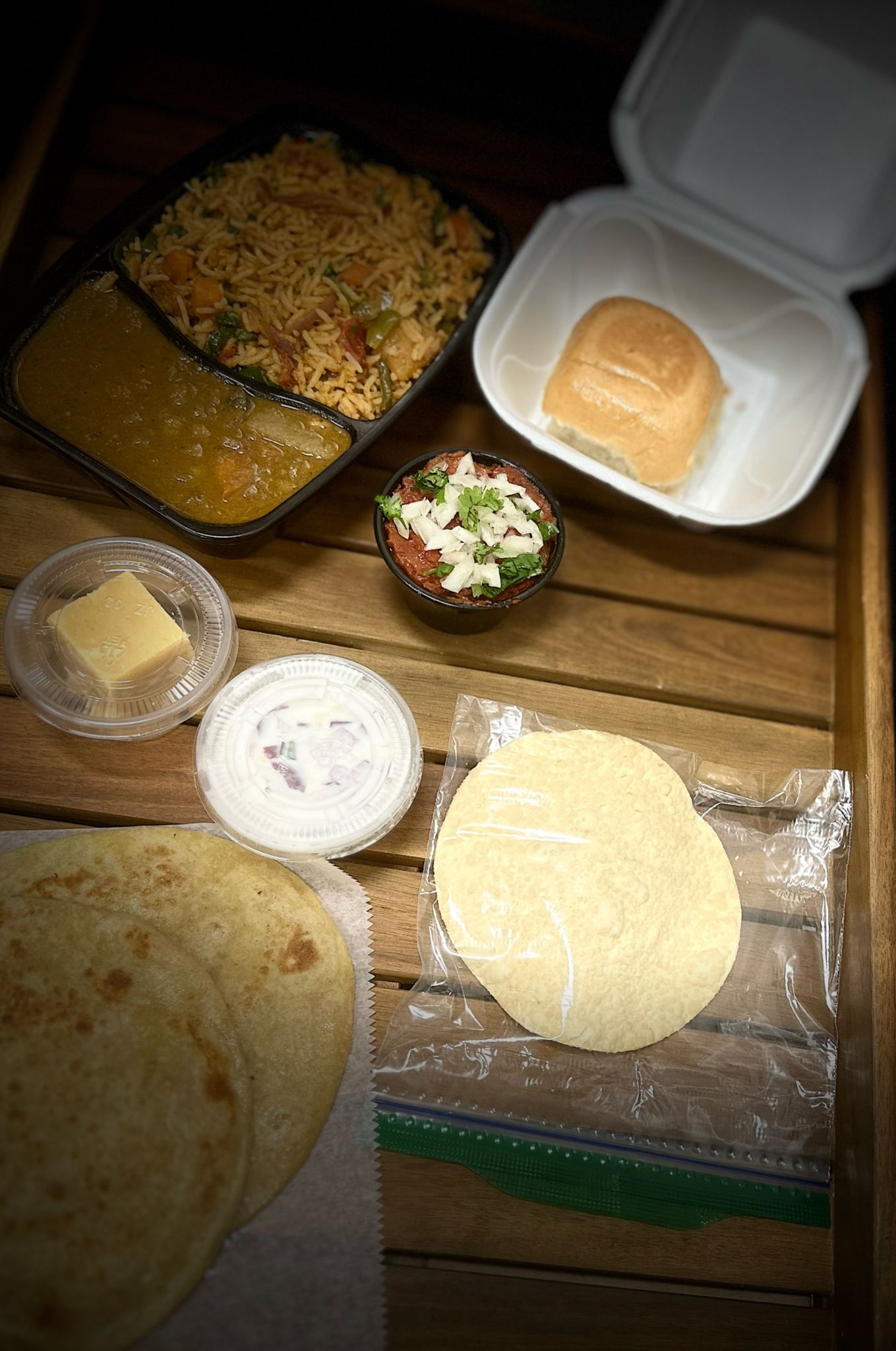 Mini Meals  (Mumbai style Tawa Pulao, Chappathi, Veg Kuruma, Pav Bhajji, Raita, Pappad, Mysore pak)