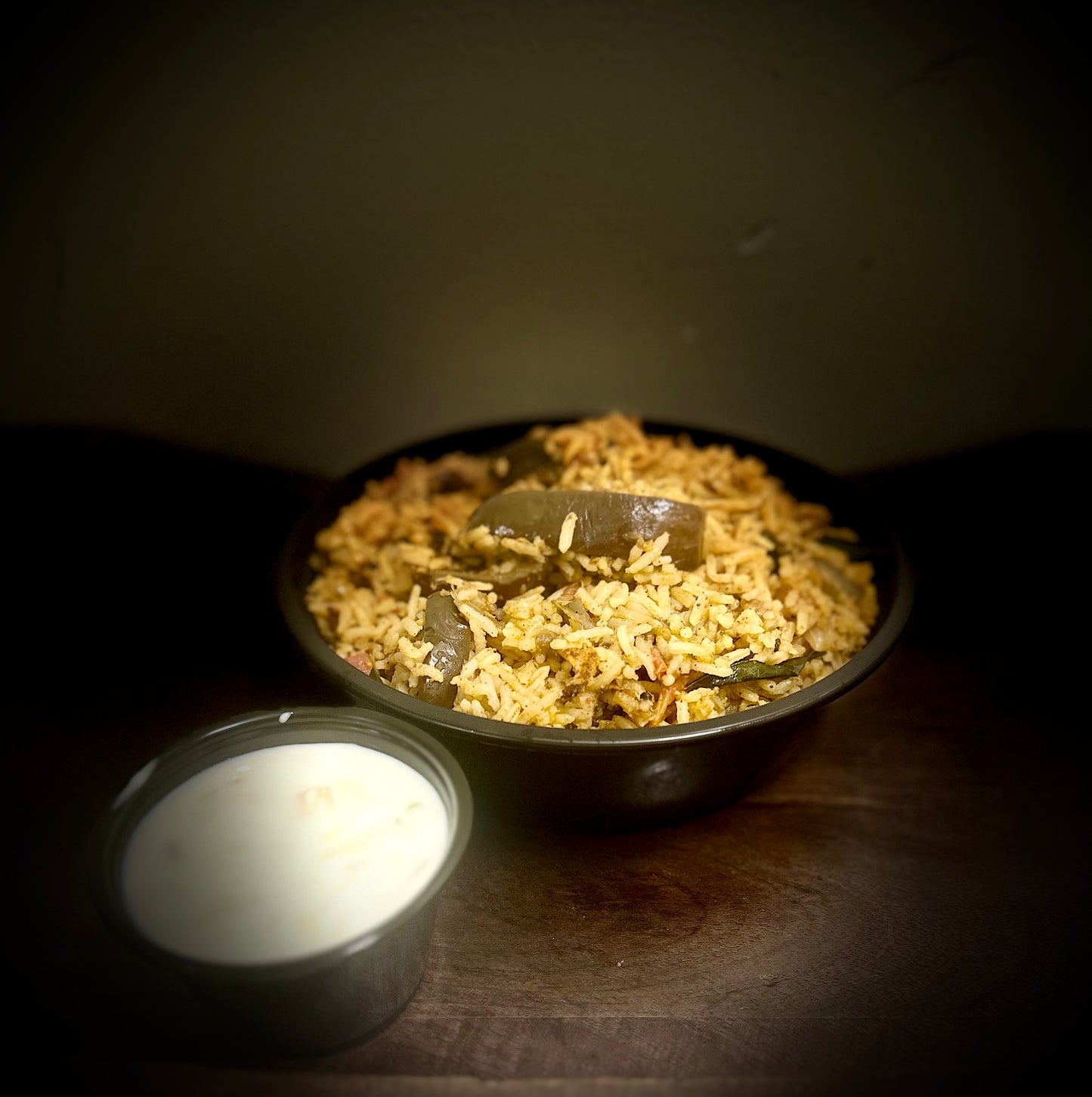 Vangi bath (Brinjal rice) with raita