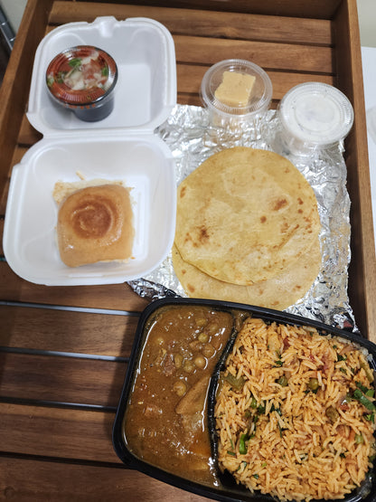 Mini Meals  (Mumbai style Tawa Pulao, Chappathi, Veg Kuruma, Pav Bhajji, Raita, Pappad, Mysore pak)